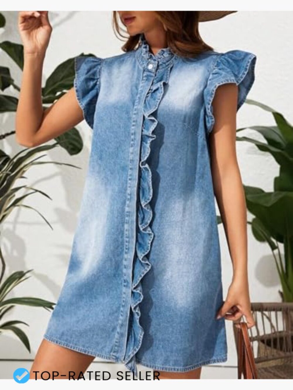 Denim Button Down Mini Dress Ruffle Sleeve Loose Fit Casual Summer - Picture 4 of 7